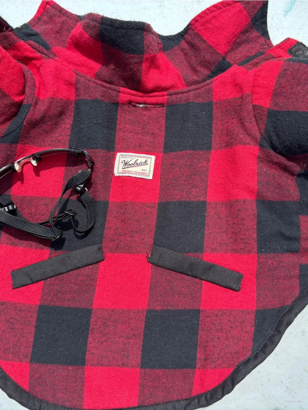 Red & Black Buffalo Plaid Woolrich Dog Coat with sunglasses